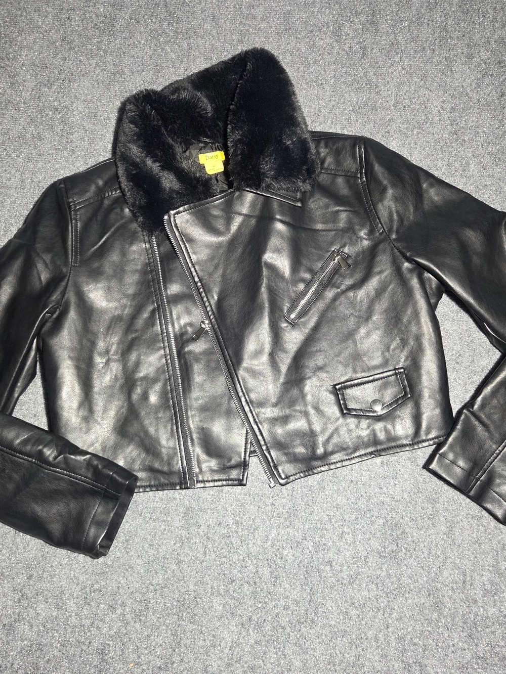 Daisy Faux Leather Moto Jacket Womens XL Black Faux Fur Collar Cropped Quilted